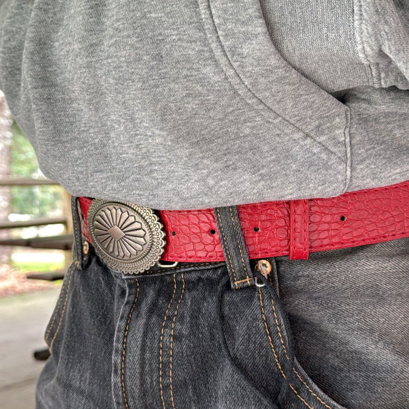 IGNRNT Studios Red Croc Texture Western Belt w/ Silver Oval Buckle