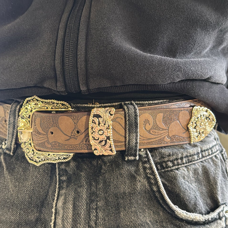 IGNRNT Studios Western Tooled Leather Belt – Gold Buckle