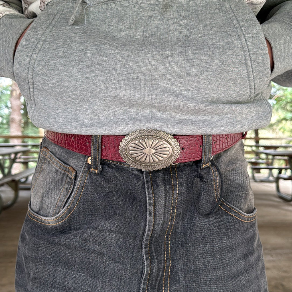 IGNRNT Studios Maroon Croc Texture Western Belt w/ Silver Oval Buckle