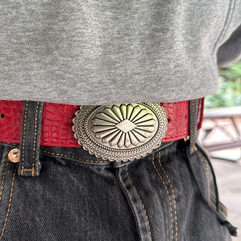 IGNRNT Studios Red Croc Texture Western Belt w/ Silver Oval Buckle