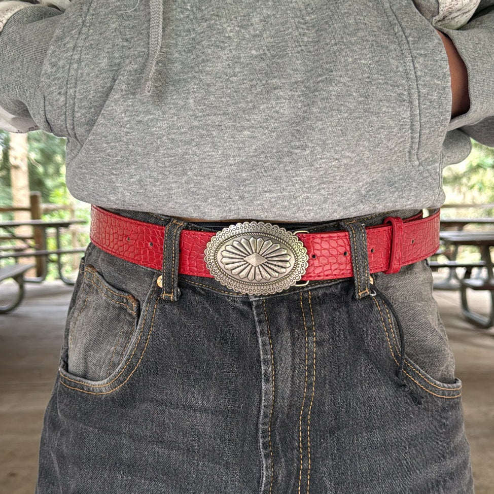 IGNRNT Studios Red Croc Texture Western Belt w/ Silver Oval Buckle