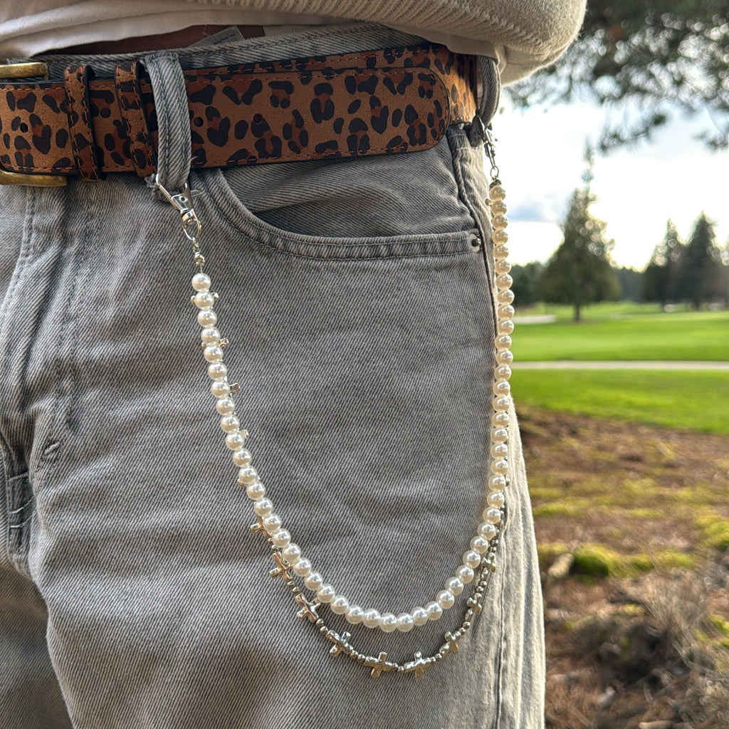 IGNRNT Studios Double Layer Pearl Cross Belt Chain – Silver