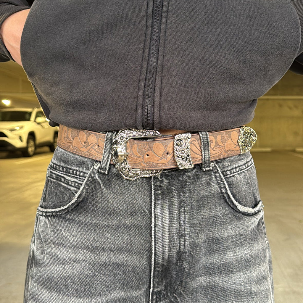 IGNRNT Studios Western Tooled Leather Belt – Silver Buckle