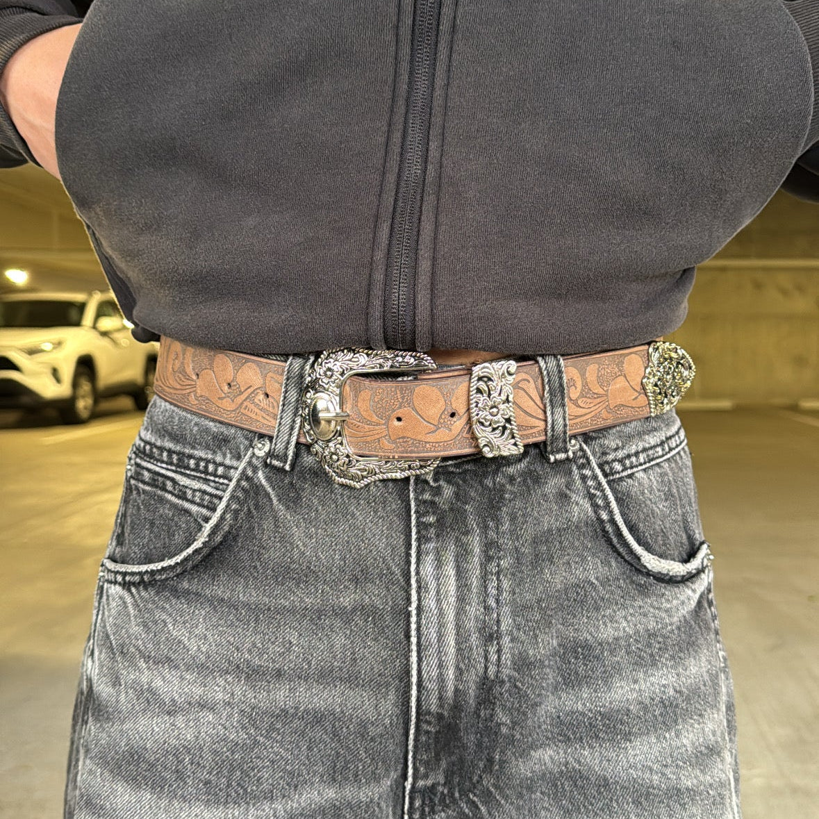 IGNRNT Studios Western Tooled Leather Belt – Silver Buckle