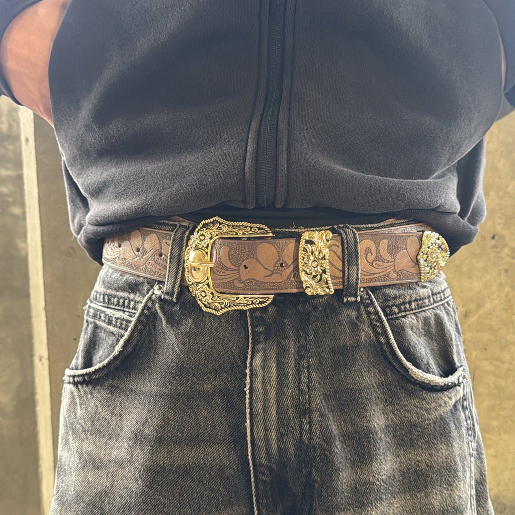 IGNRNT Studios Western Tooled Leather Belt – Gold Buckle