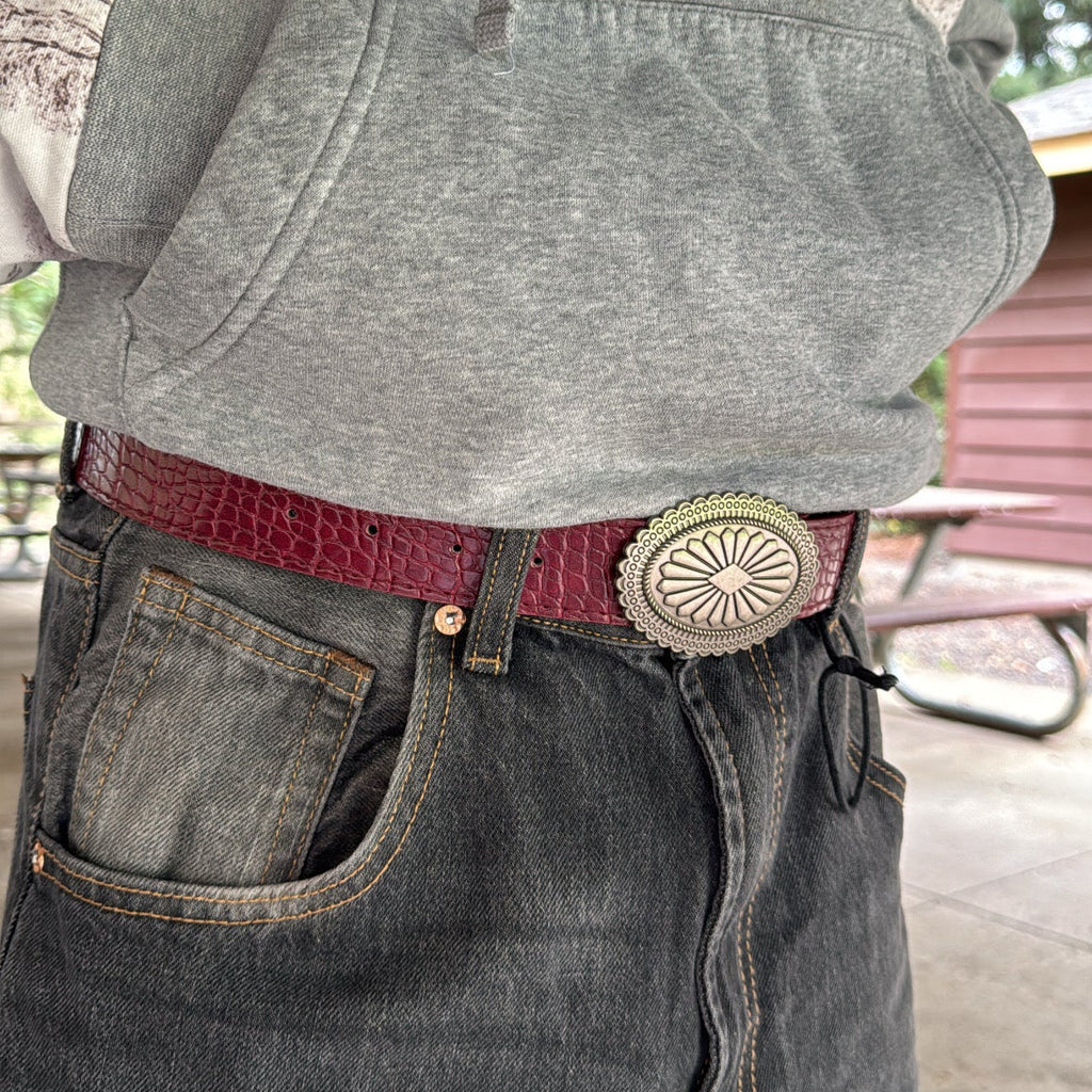 IGNRNT Studios Maroon Croc Texture Western Belt w/ Silver Oval Buckle