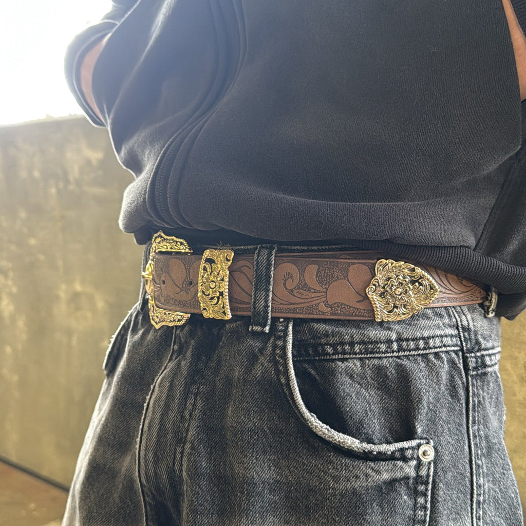 IGNRNT Studios Western Tooled Leather Belt – Gold Buckle