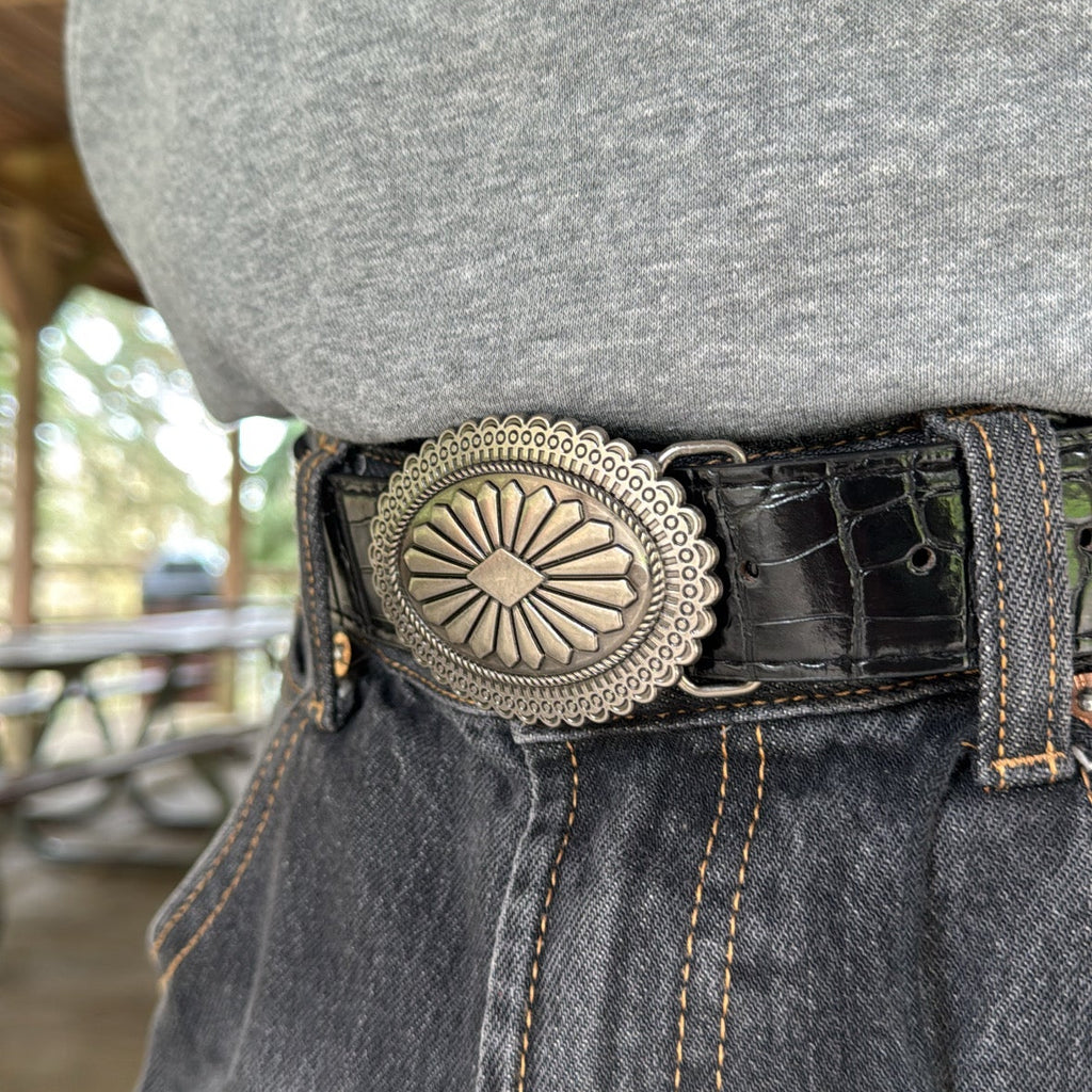 IGNRNT Studios Black Croc Texture Western Belt w/ Silver Oval Buckle
