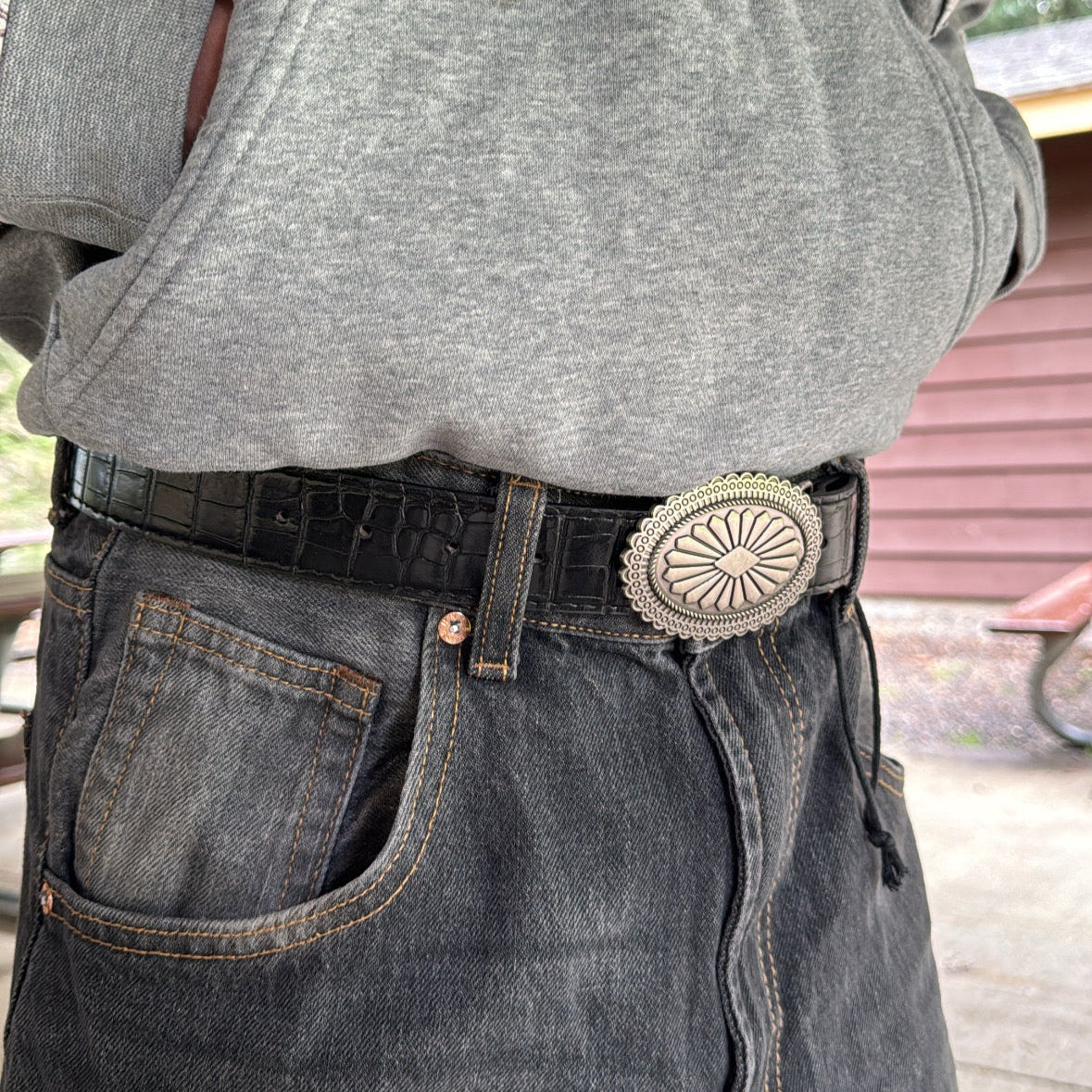 IGNRNT Studios Black Croc Texture Western Belt w/ Silver Oval Buckle