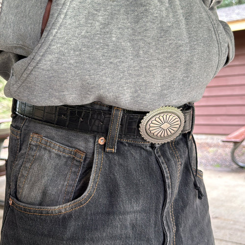 IGNRNT Studios Black Croc Texture Western Belt w/ Silver Oval Buckle