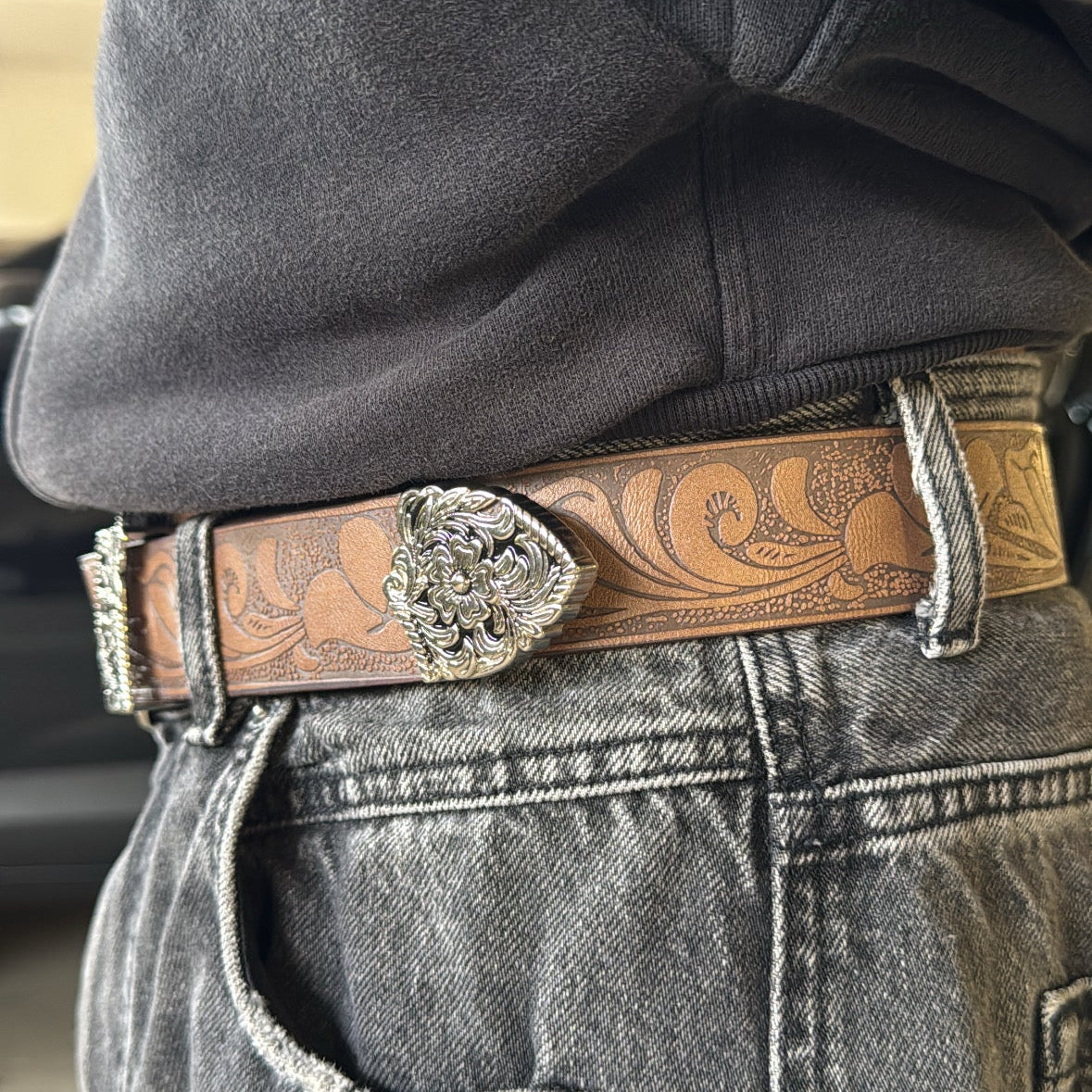 IGNRNT Studios Western Tooled Leather Belt – Silver Buckle