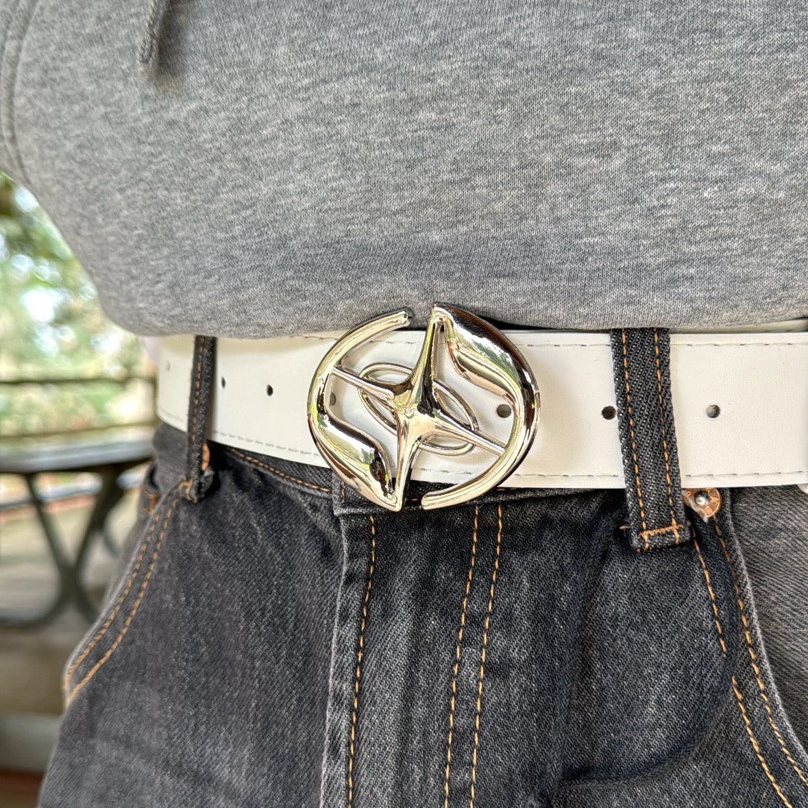 IGNRNT Studios Leather Star Buckle Belt – White