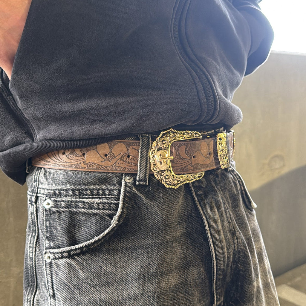 IGNRNT Studios Western Tooled Leather Belt – Gold Buckle