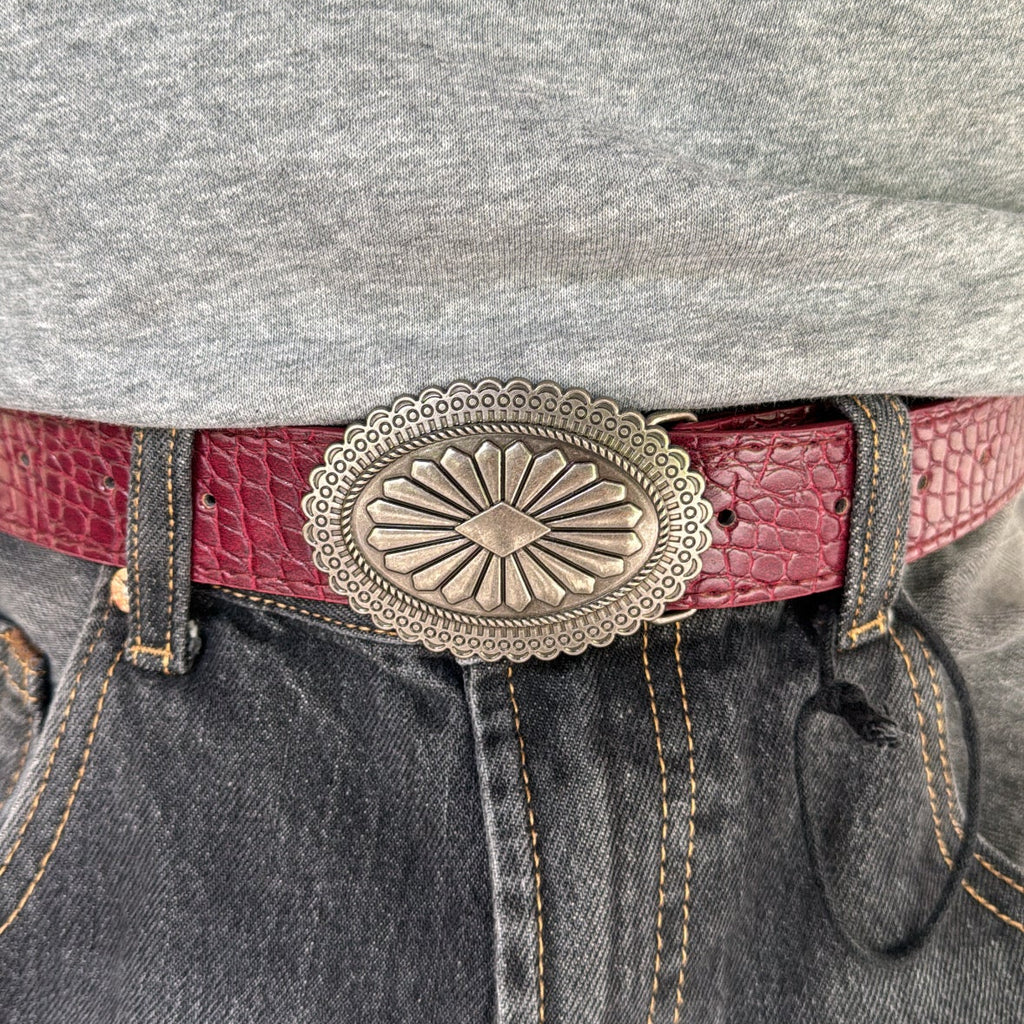 IGNRNT Studios Maroon Croc Texture Western Belt w/ Silver Oval Buckle