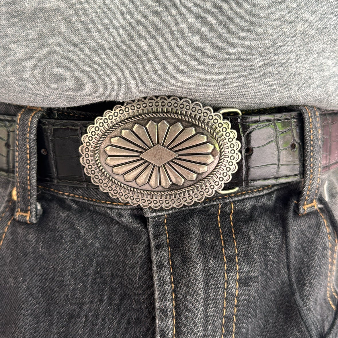 IGNRNT Studios Black Croc Texture Western Belt w/ Silver Oval Buckle