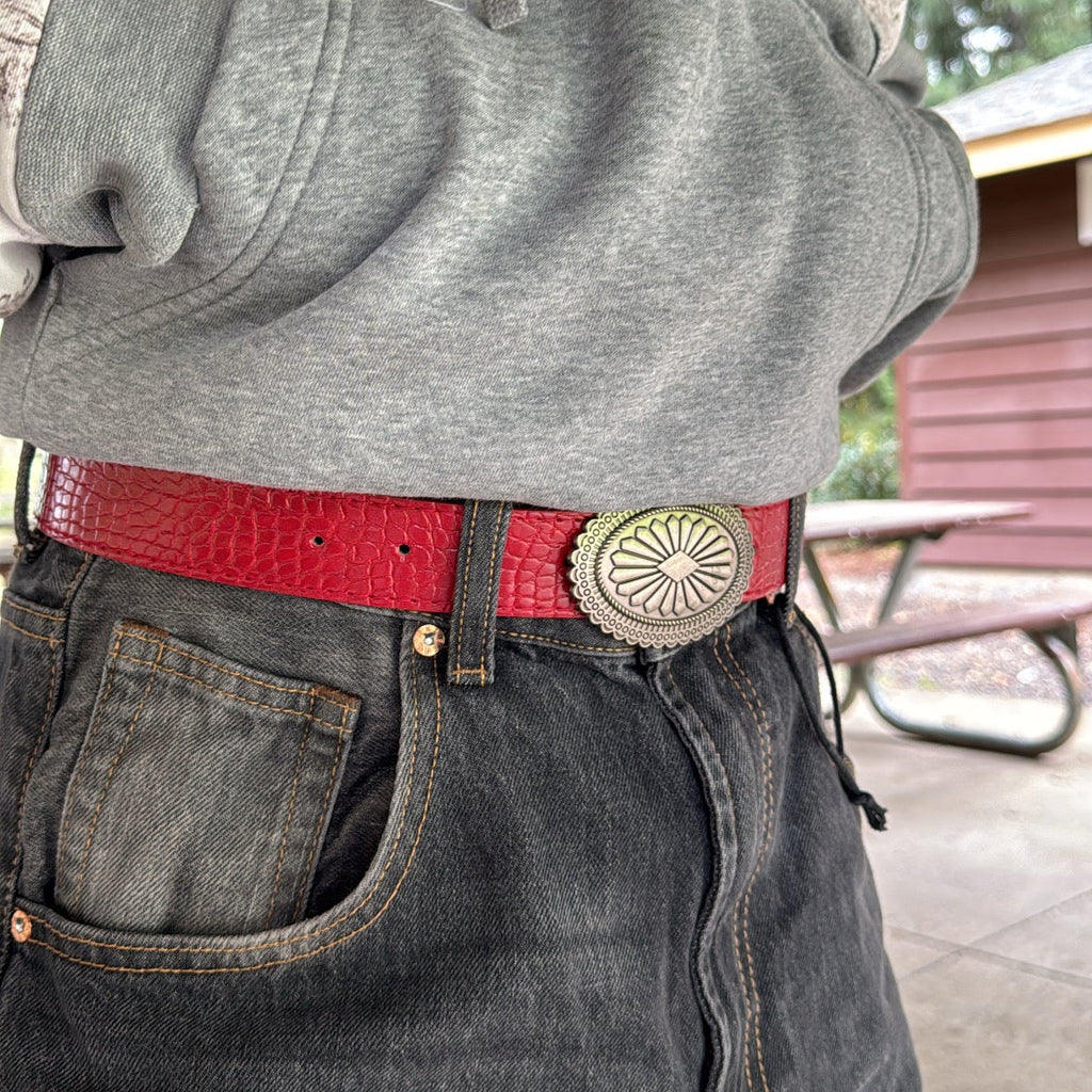IGNRNT Studios Red Croc Texture Western Belt w/ Silver Oval Buckle