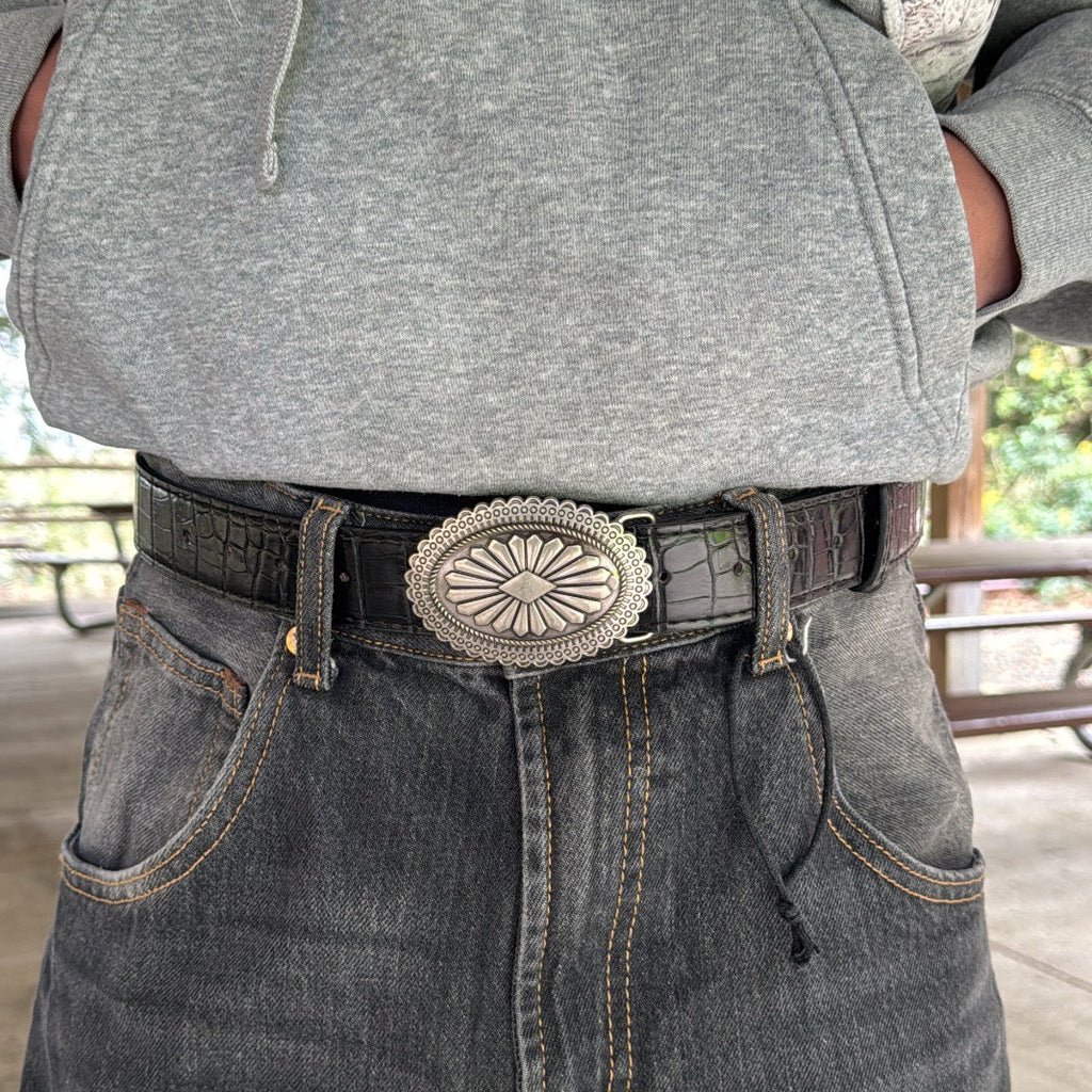 IGNRNT Studios Black Croc Texture Western Belt w/ Silver Oval Buckle