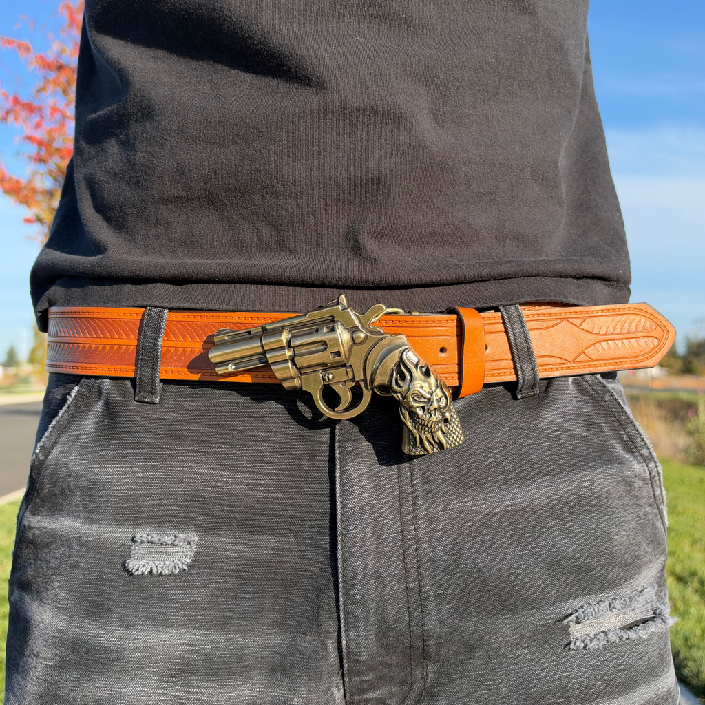 IGNRNT Studios Vintage Tan Western Revolver Belt – Antique Gold / Tan