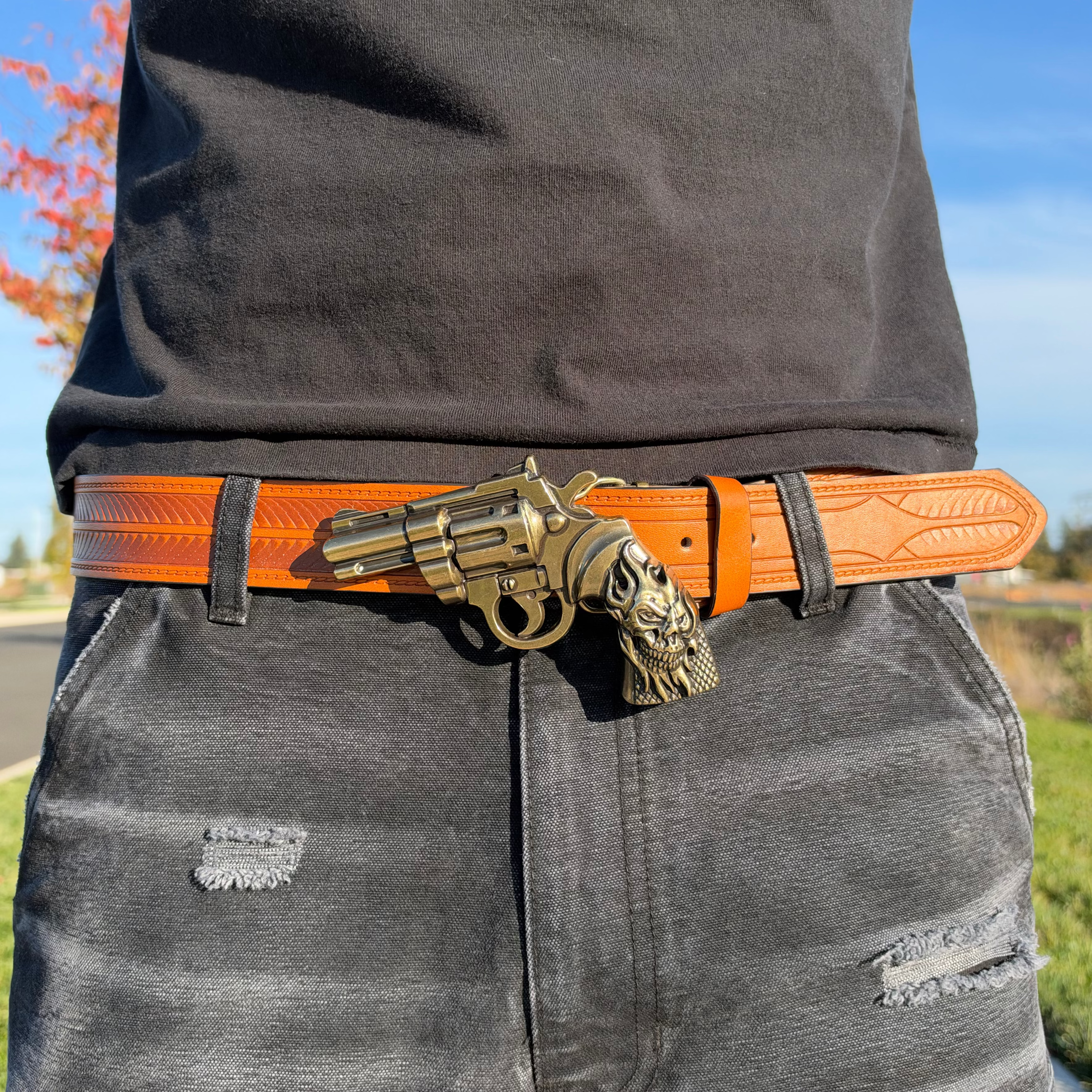 IGNRNT Studios Vintage Tan Western Revolver Belt – Antique Gold / Tan