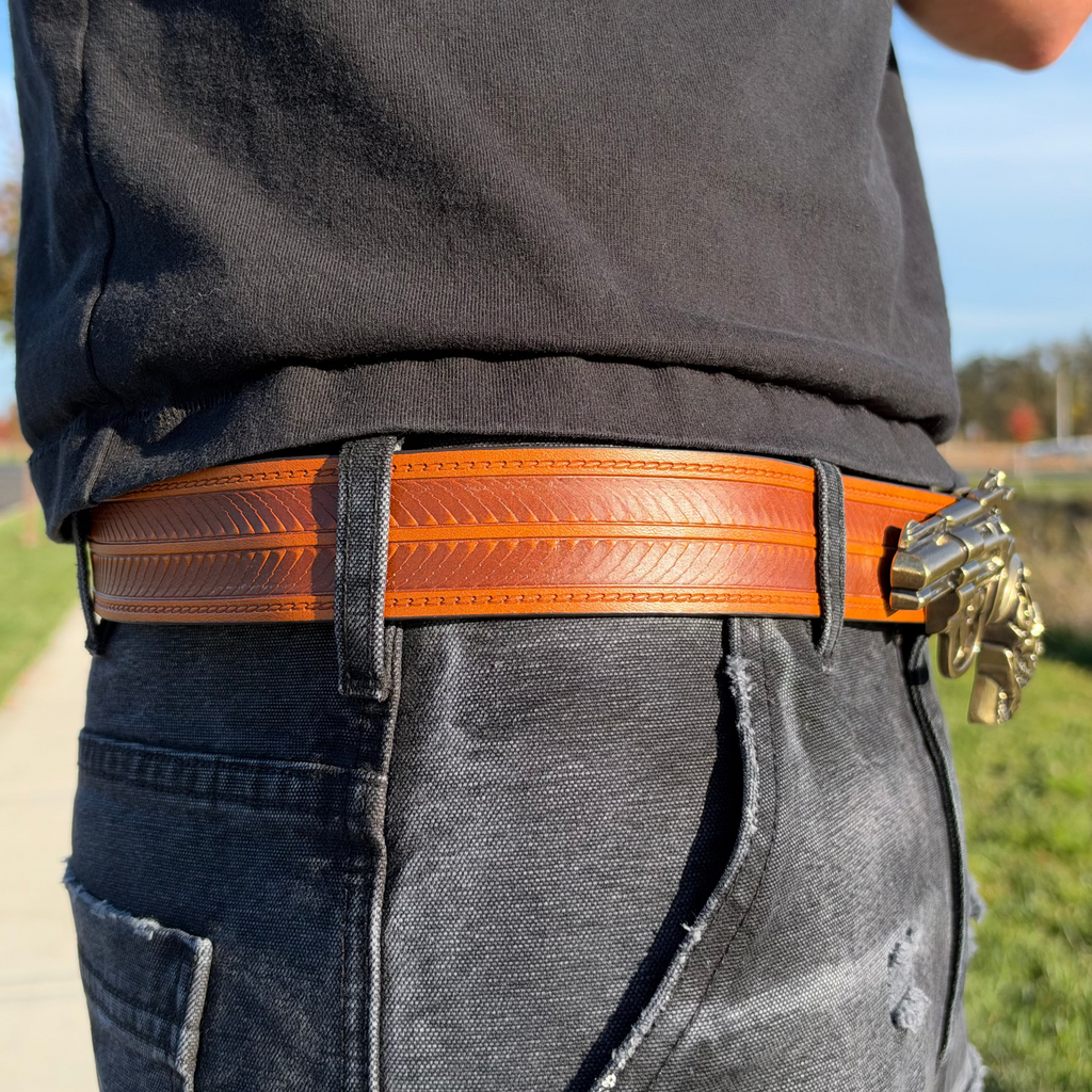 IGNRNT Studios Vintage Tan Western Revolver Belt – Antique Gold / Tan