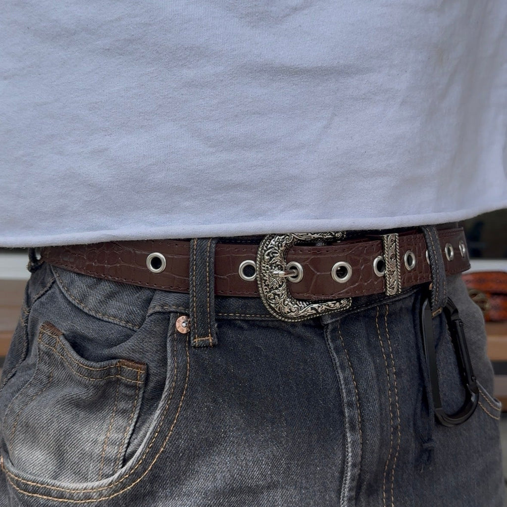 IGNRNT Studios Brown Croc Western Belt – Silver Buckle