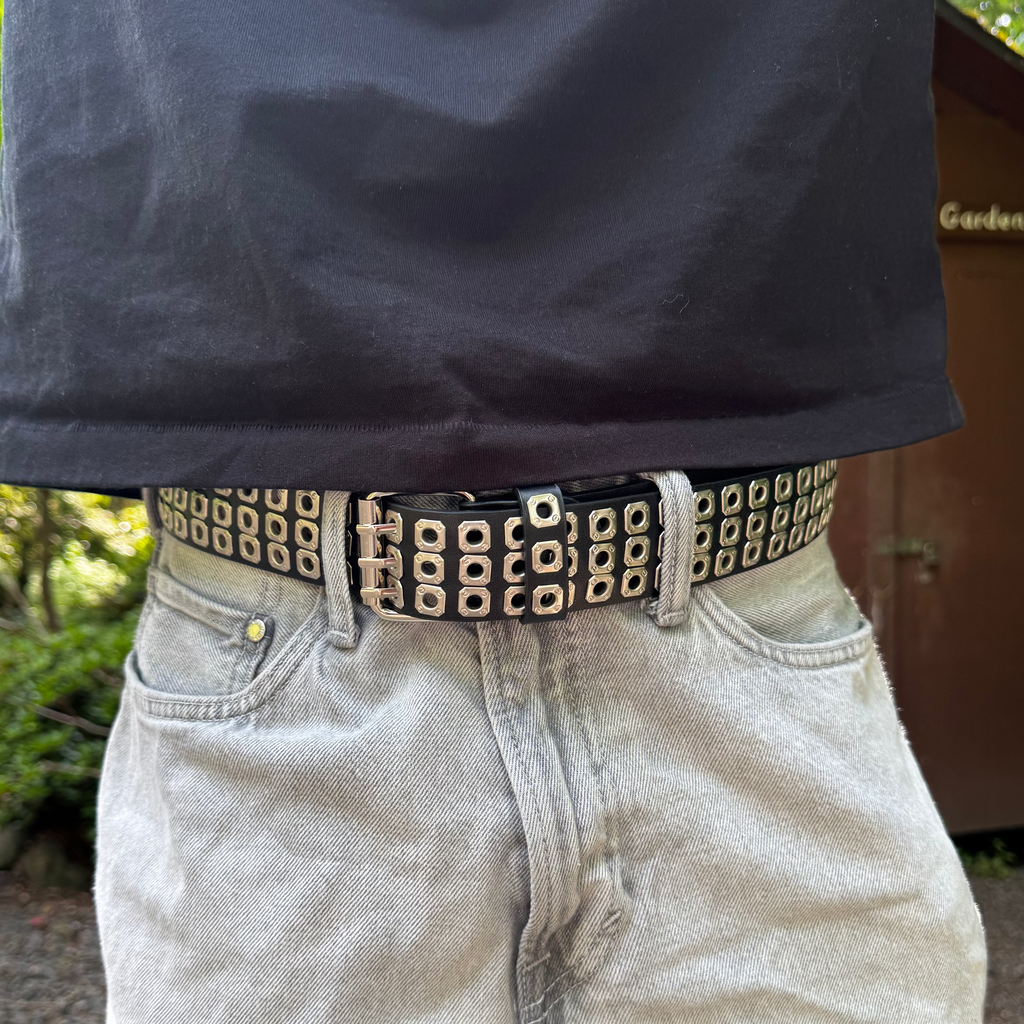 IGNRNT Studios Black Triple Grommet Studded Belt - Silver