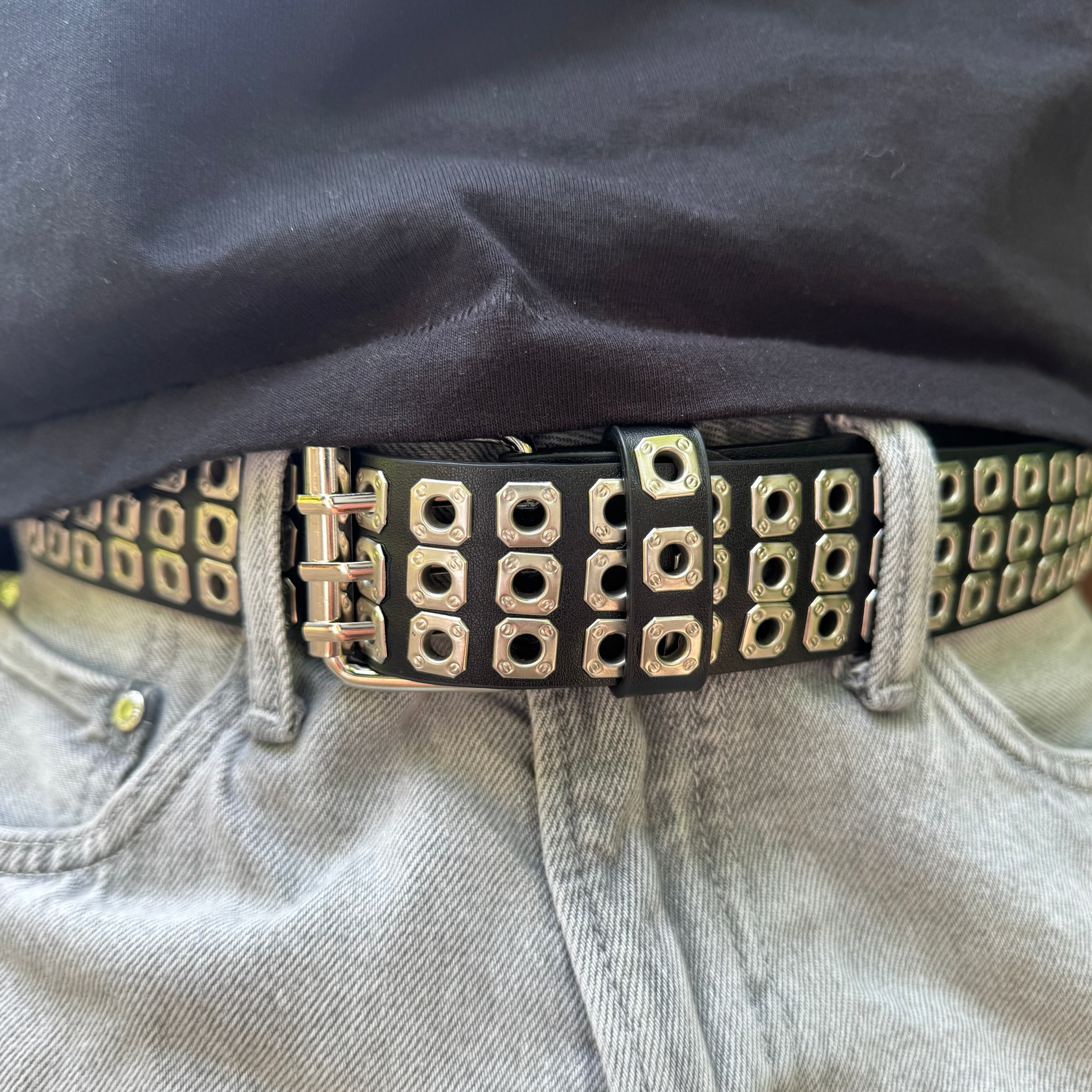 IGNRNT Studios Black Triple Grommet Studded Belt - Silver