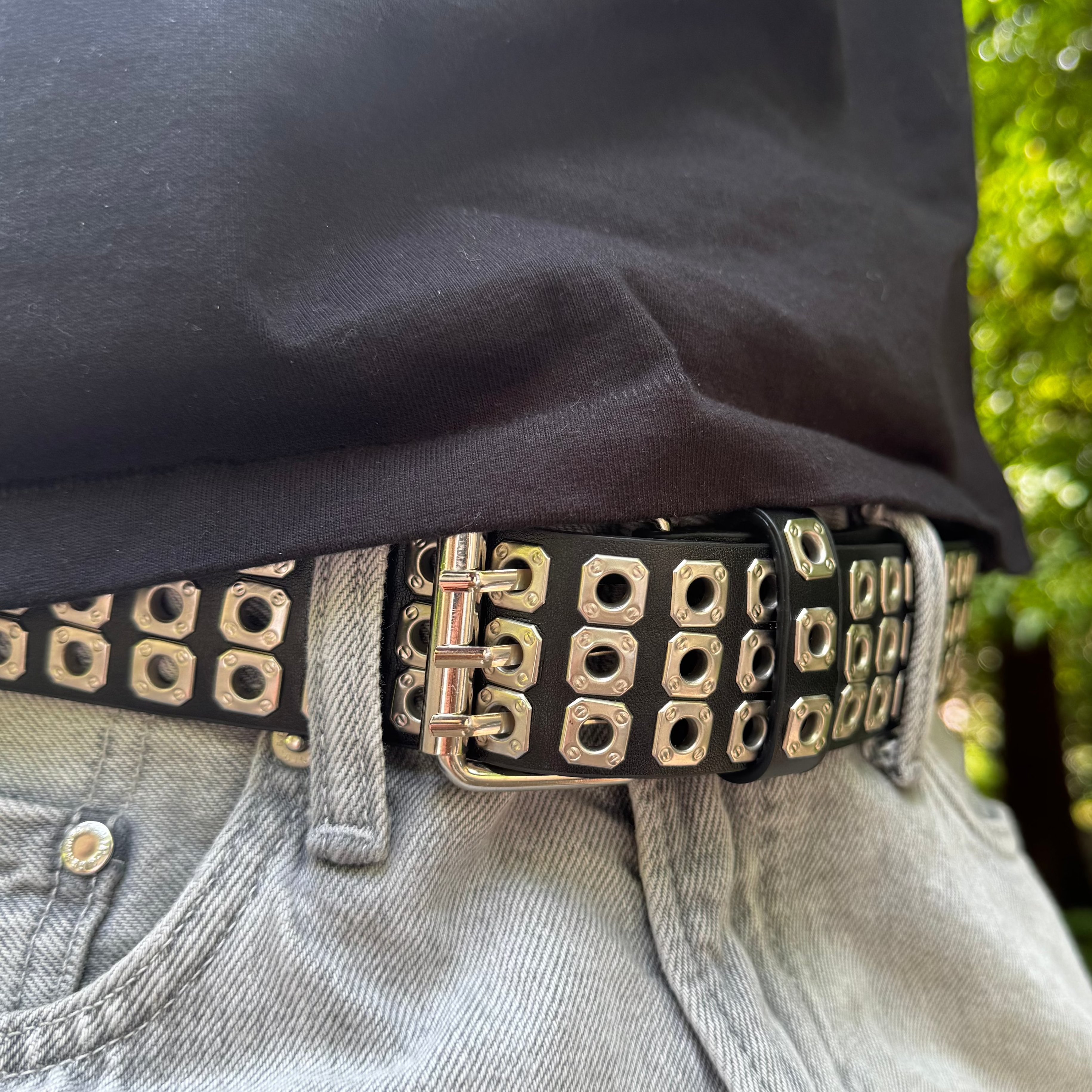 IGNRNT Studios Black Triple Grommet Studded Belt - Silver