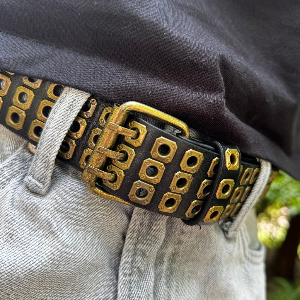 IGNRNT Studios Black Triple Grommet Belt - Gold