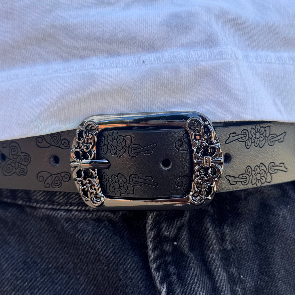 IGNRNT Studios Vintage Floral Engraved Leather Belt – Black