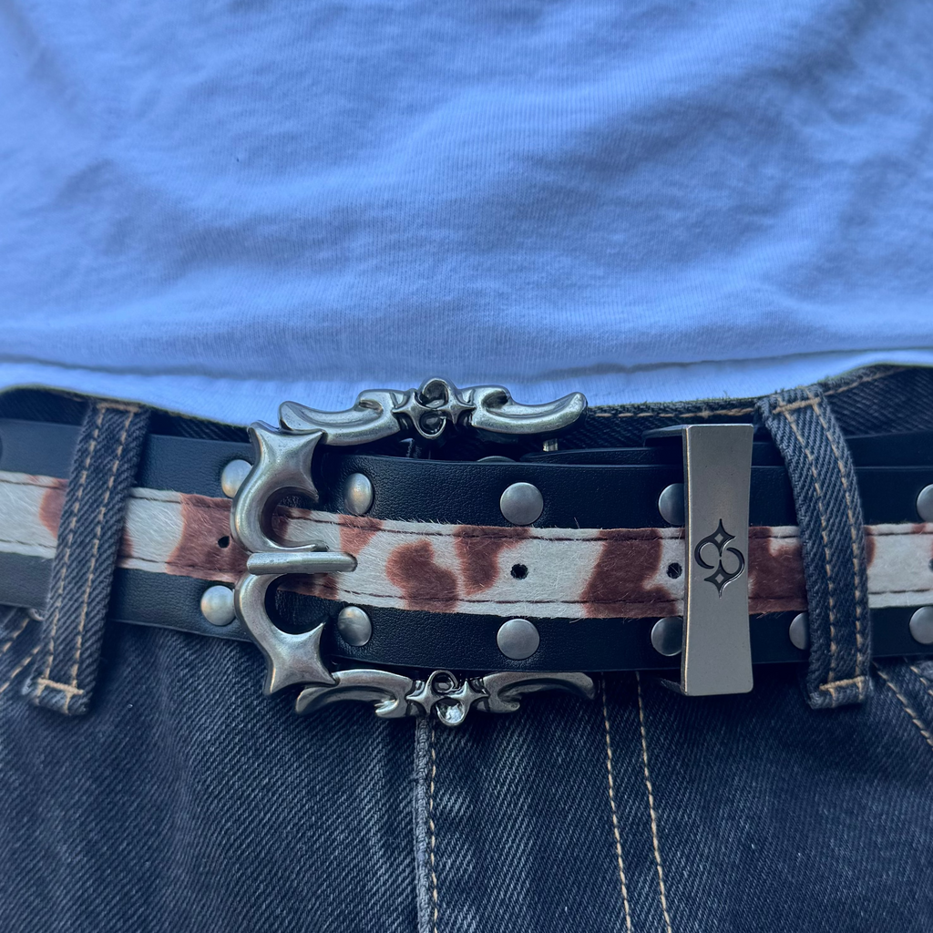 IGNRNT Studios Cow Print Studded Double Layer Belt