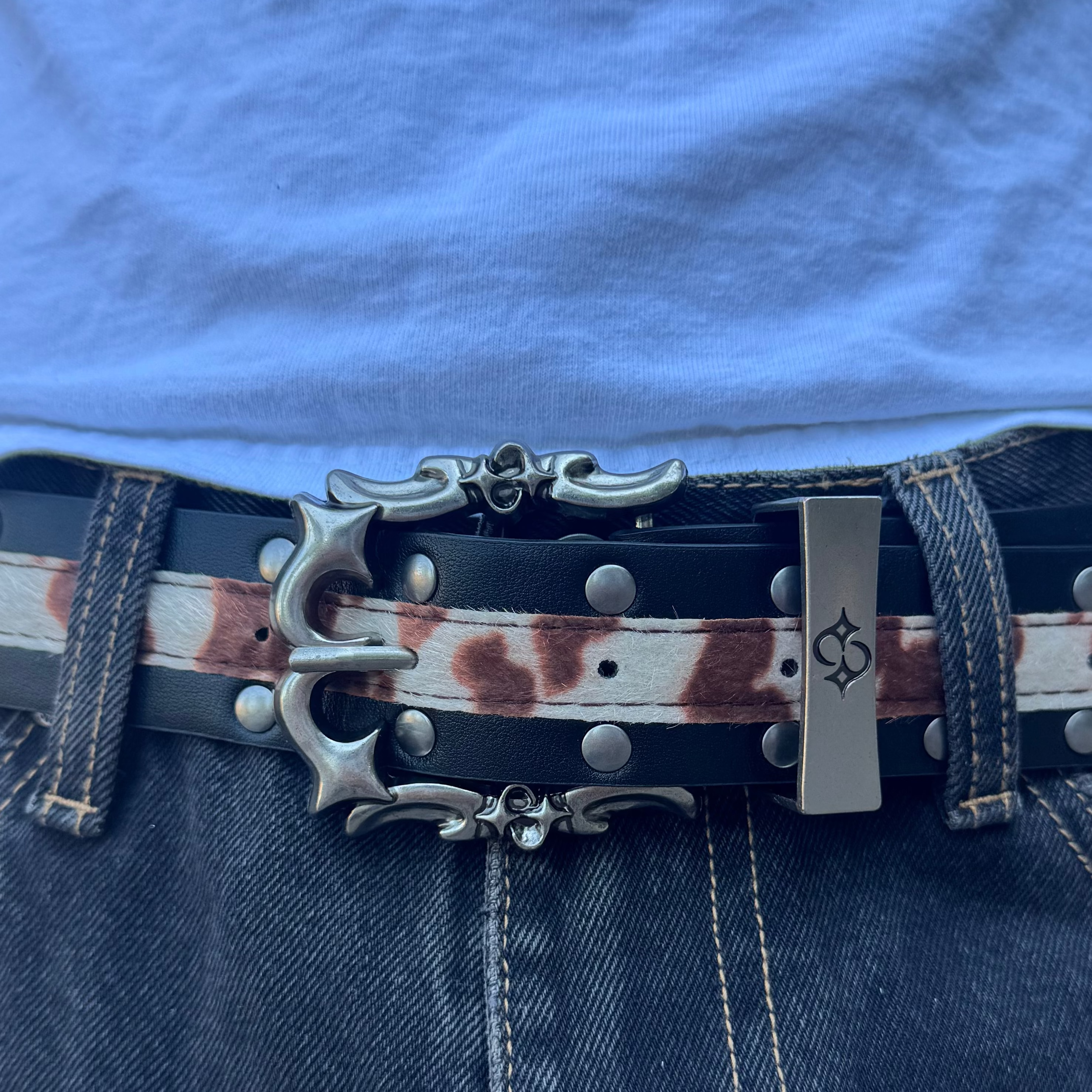 IGNRNT Studios Cow Print Studded Double Layer Belt