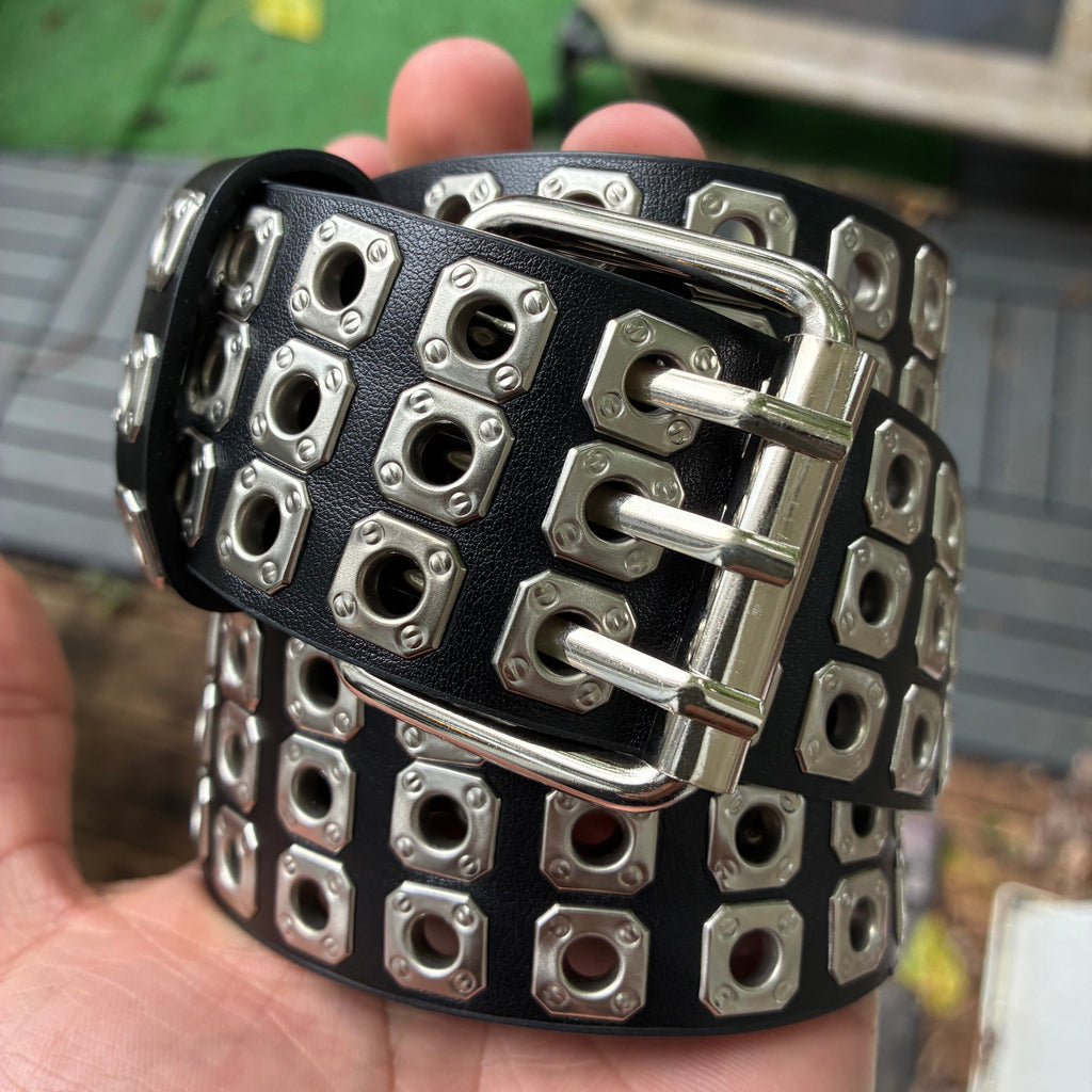 IGNRNT Studios Black Triple Grommet Studded Belt - Silver