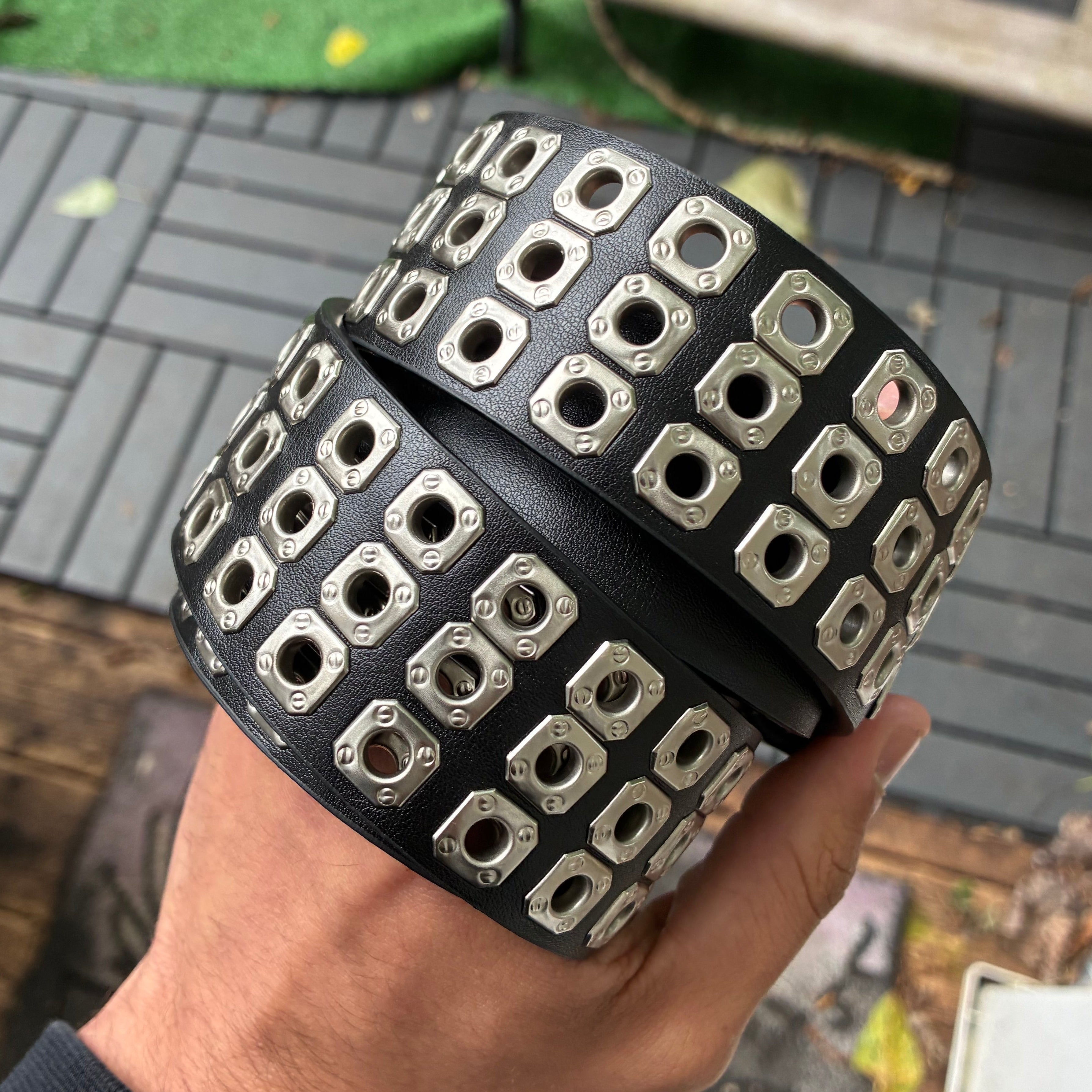 IGNRNT Studios Black Triple Grommet Studded Belt - Silver